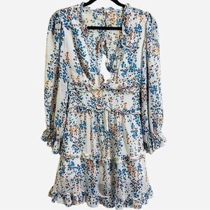 Orange Blue Ruffled Tiered Sundress Plunge Neckline Bishop sleeve Coastal Small